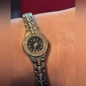 Japanese Movement Crystal Bezel Watch • Black Dial • Adjustable 7–8in • Working